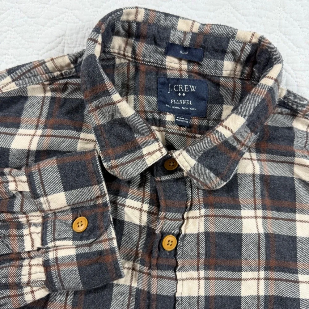 J Crew Flannel Shirt Slim Fit‎ Plaid Button Down Long Sleeve Men's L Yellow Gray